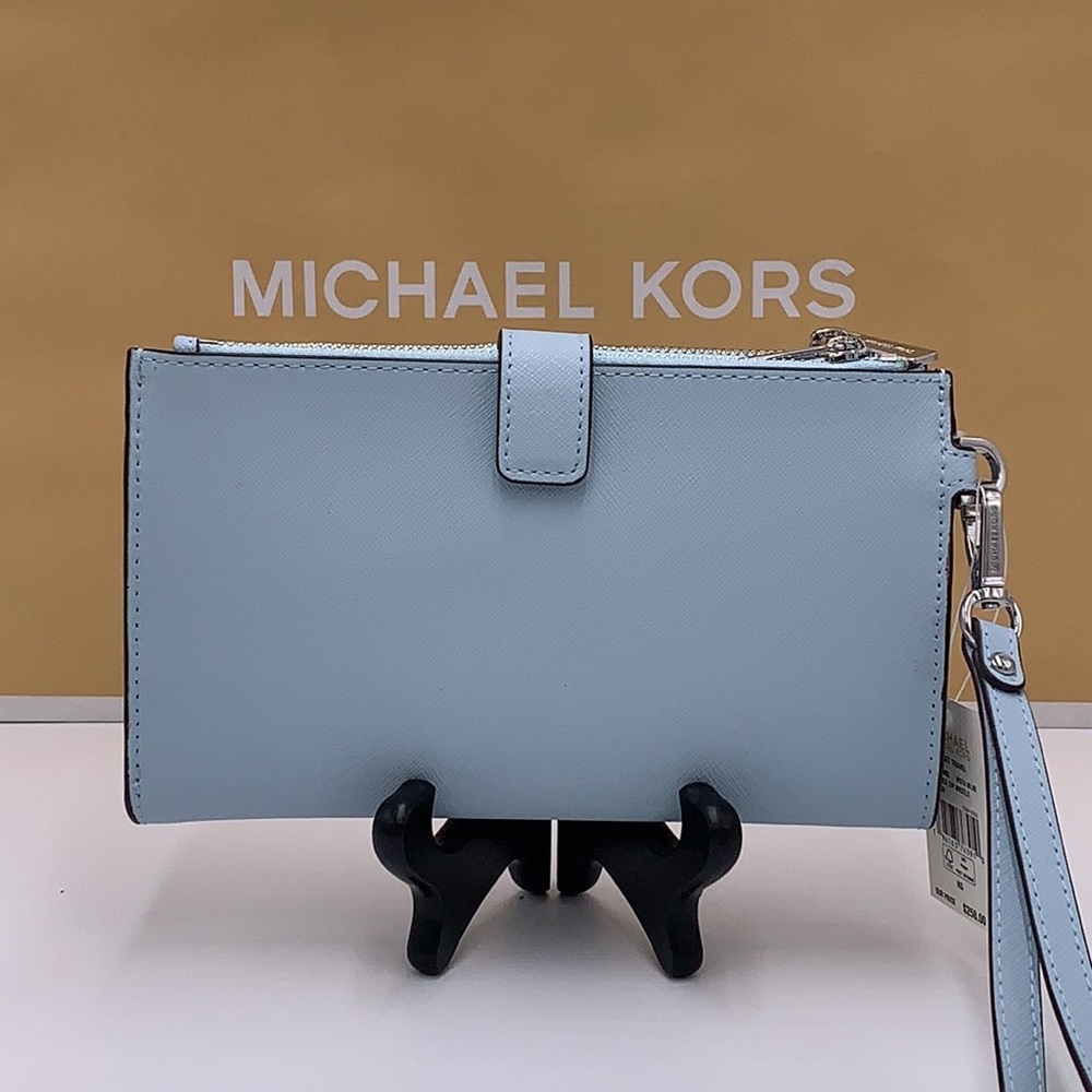 MICHAEL KORS JET SET TRAVEL 35F8GTVWOL VISTA BLUE LG DOUBLE ZIP WRSTLT LEATHER - Picture 9 of 14